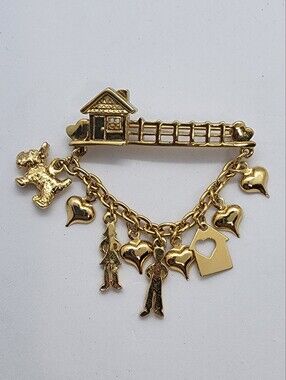 Vintage Crown Trifari Gold Tone Family Home & Scottie Dog Charm Brooch Pin